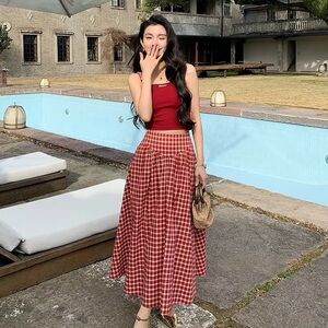 Elegant Red Checkered A-Line Dress